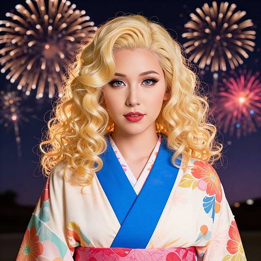 Photograph of a blonde woman with curly hair, wearing a colorful floral kimono, against a backdrop of vibrant fireworks at night.