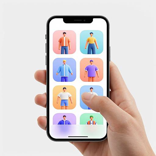 Photograph of a hand holding a smartphone displaying a grid of six cartoon male characters in colorful outfits, each in a different colored square.