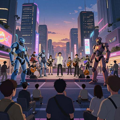 Digital artwork of a futuristic city concert featuring humanoid robots and humans playing instruments, with neon lights and skyscrapers in the background. Audience sits in the