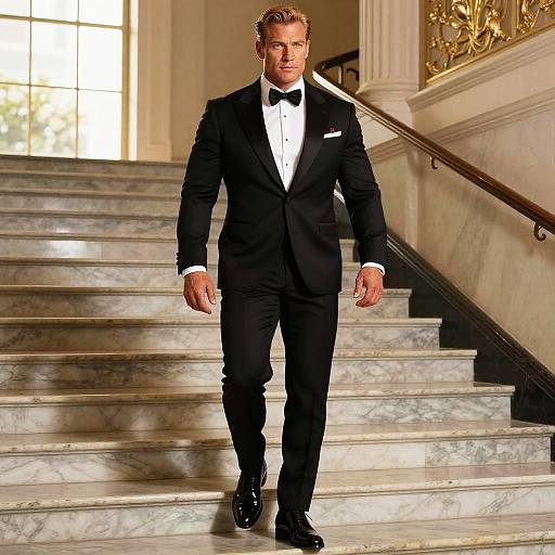 Photograph of a handsome, blond man in a black tuxedo with a bow tie, walking down a marble staircase in a luxurious, well-l