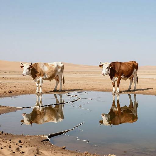 Photograph of two cows, one white and brown, one brown and white, standing in a dry, sandy desert with a reflective puddle.