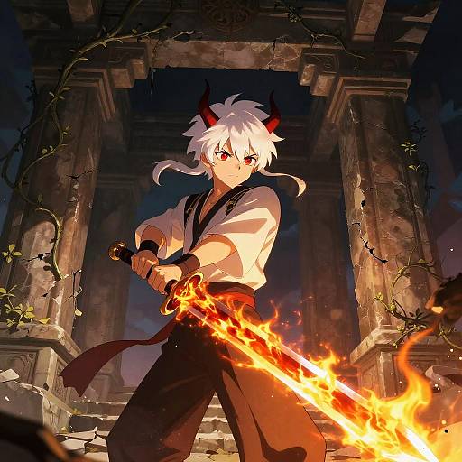 Anime-style drawing of a white-haired, red-eyed demon warrior with black horns, wielding a blazing sword in a ruined, vine-covered temple.