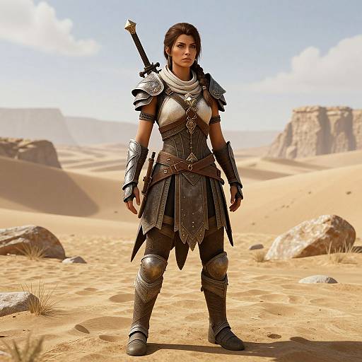 CGI image of a strong, dark-haired woman in medieval armor standing in a sandy desert with rocky hills in the background. She has a sword on