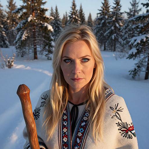 Blonde woman with blue eyes, wearing a white, embroidered winter sweater, holding a wooden stick, standing in a snowy forest. Photograph.
