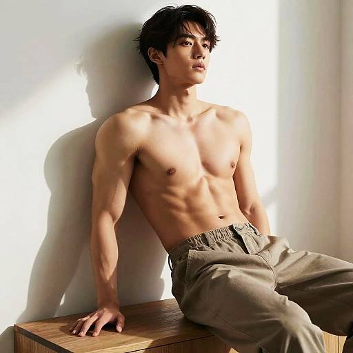 Photograph of a shirtless, muscular Asian man with black hair, wearing beige pants, sitting on a wooden bench against a white wall, bathed