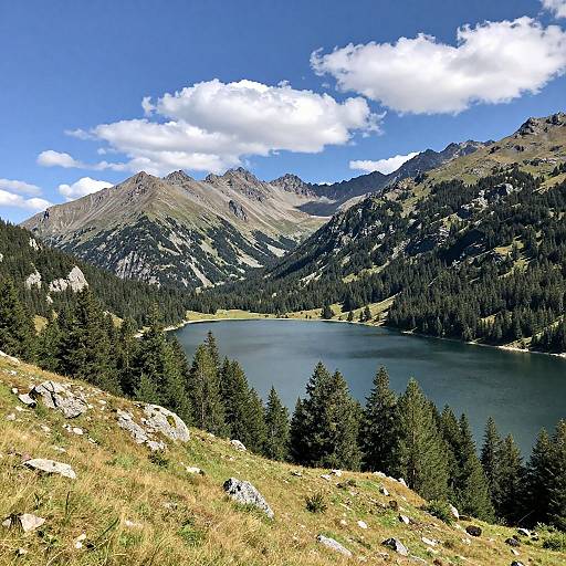 Photograph of a serene mountain landscape with a clear blue lake, surrounded by evergreen trees, under a bright blue sky with white clouds. Rocky peaks