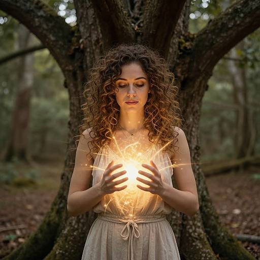 Photograph of a curly-haired woman with closed eyes, wearing a beige sleeveless dress, holding a glowing, magical fire in her hands, standing before