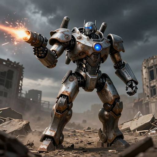 CGI image of a silver, blue-lit robotic warrior firing a glowing orange laser gun in a ruined, cloudy, urban battlefield.