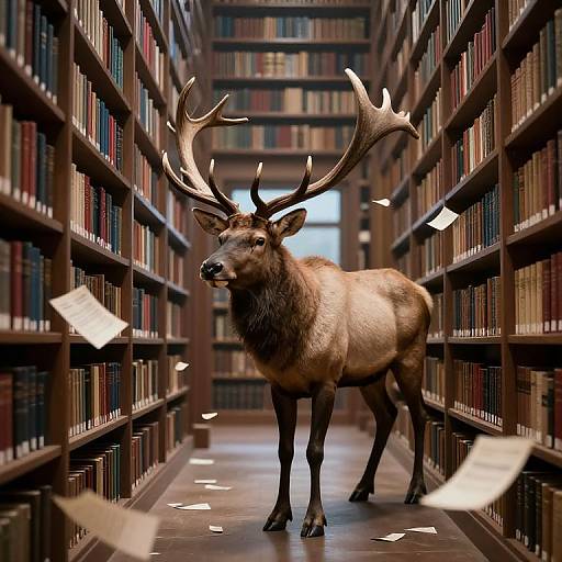 Photorealistic image of a majestic elk with large antlers standing in the center of a narrow, dimly lit library aisle, surrounded by floating books