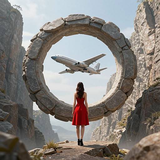 Digital artwork: Woman in red dress stands before giant circular stone structure, looking at flying spaceship in rocky canyon landscape.