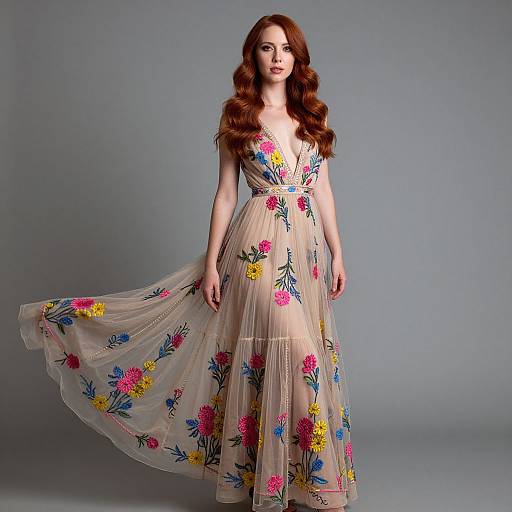 Elegant Redhead in Flowing Embroidered Dress