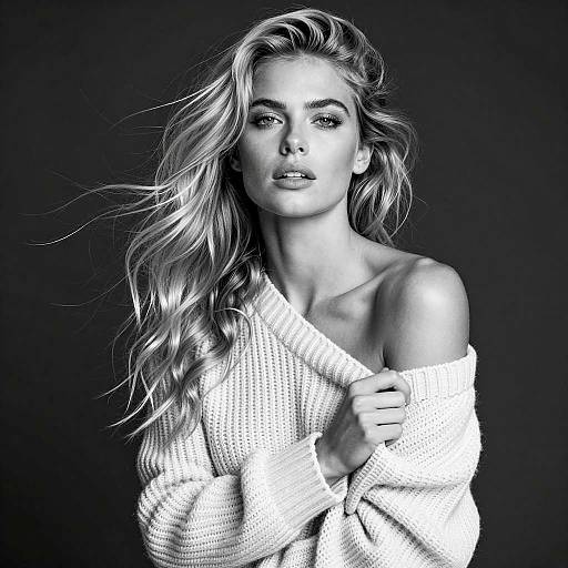 Black and white portrait of blonde woman in knit sweater