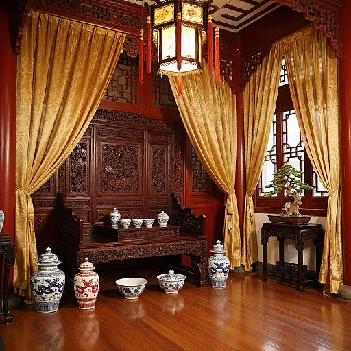 Photograph of an elegant, traditional Chinese room with golden curtains, intricate wooden panels, porcelain vases, and wooden floor. Lanterns hang overhead,