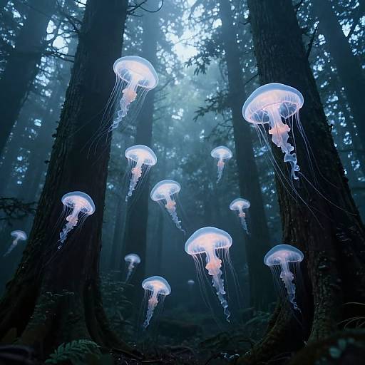 Photograph of glowing, translucent jellyfish floating in a dark, misty forest with tall, shadowy trees; ethereal, bioluminescent