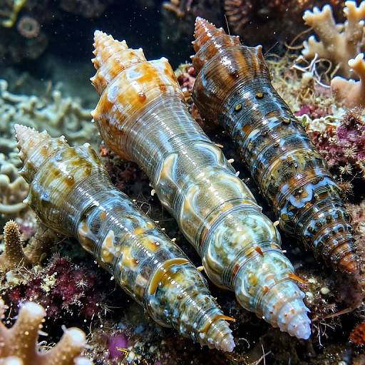 Close-up photograph of two striped sea slugs with iridescent shells, lying on vibrant coral reef, surrounded by various colorful coral and marine life.