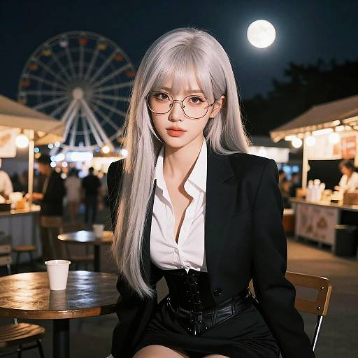 Photorealistic CGI of an attractive young woman with long white hair, glasses, black blazer, white blouse, and black skirt, sitting at a