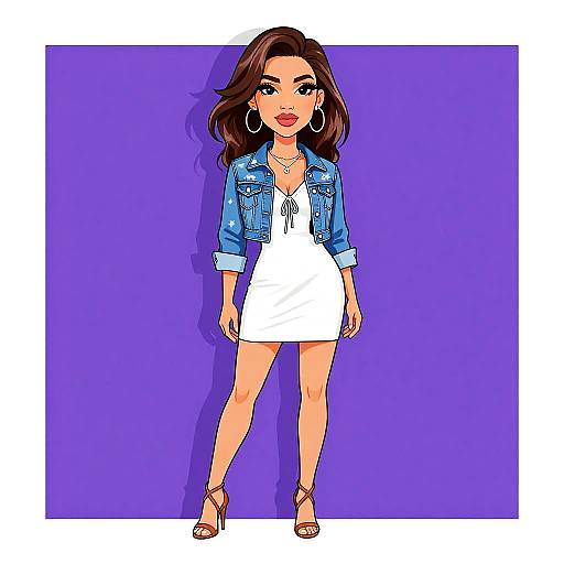Digital illustration of a confident woman with long brown hair, wearing a white mini dress, blue denim jacket, hoop earrings, and strappy sandals, standing