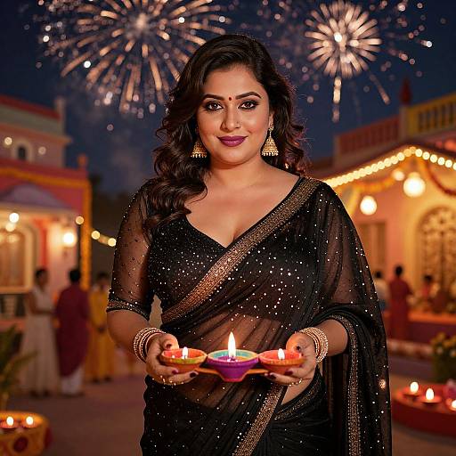 Photograph of a beautiful South Asian woman with dark hair, wearing a black, sparkly sari, holding a lit diya, against a nighttime
