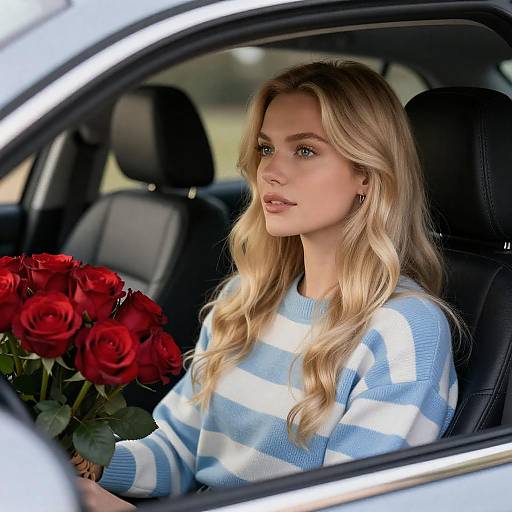 Blonde Woman Holding Red Roses in Car