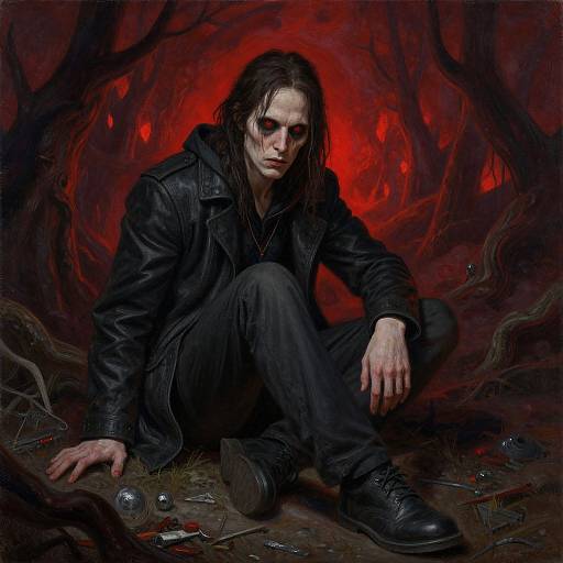 Digital painting of a pale, brooding man with long black hair, wearing a black leather jacket and pants, crouching in a dark, red
