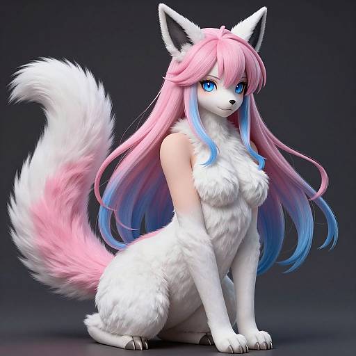 Digital artwork of a cute, anthropomorphic fox-girl with long pink and blue gradient hair, white fur, blue eyes, and a fluffy tail, sitting