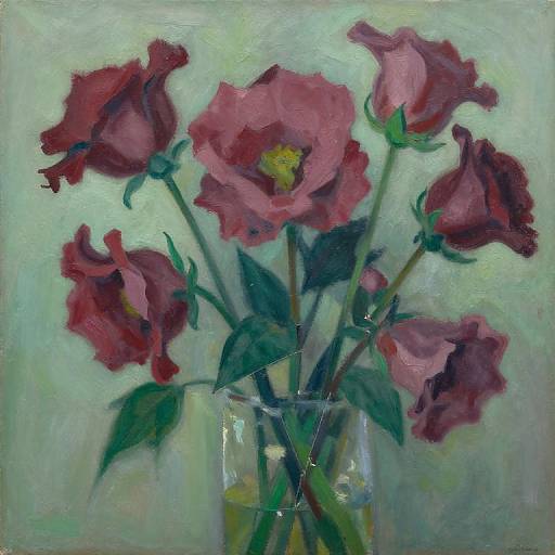 Impressionist-style painting of a glass vase with five red and pink roses, green leaves, and a soft greenish background.