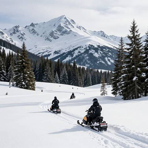 Photograph of three snowmobilers in black gear riding on a snowy mountain trail, with towering snow-covered peaks and dense evergreen trees in the background
