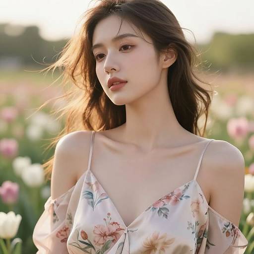 Photograph of an Asian woman with long brown hair, wearing a floral off-shoulder dress, standing in a sunlit field of blooming flowers
