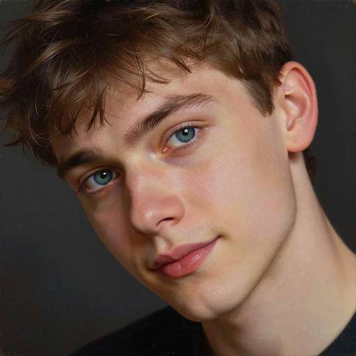 Close-up photograph of a young Caucasian man with light skin, blue eyes, brown tousled hair, and pink lips, smiling subtly against a dark background