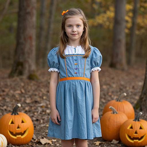 Young girl in blue dress with white collar and orange ribbon, standing in autumn forest with carved pumpkins, wearing orange hair clip. Photograph.