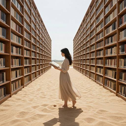 Photograph of a woman with long black hair, wearing a white blouse and flowing beige skirt, walking down a sunlit library aisle flanked by tall