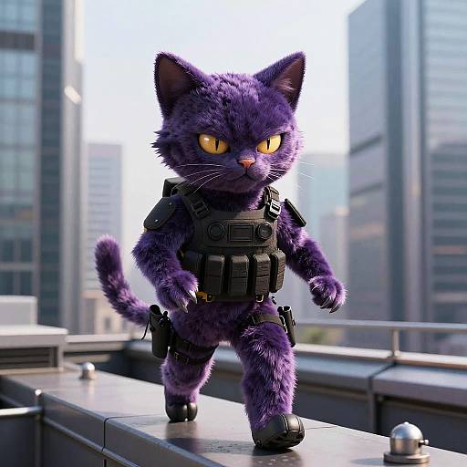 Digital artwork of a purple, anthropomorphic cat with yellow eyes, wearing black tactical gear, standing on a rooftop against a city skyline.