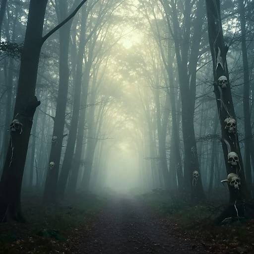 Mysterious forest photograph featuring a foggy path lined with tall trees adorned with skulls, illuminated by a glowing, ethereal light from above.