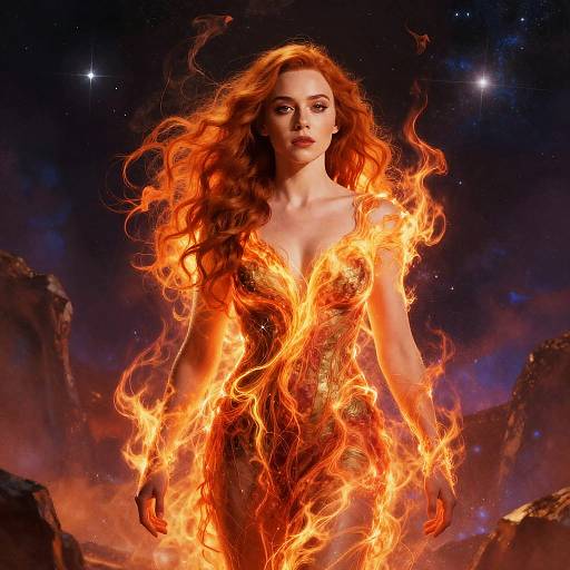 Digital artwork of a fiery red-haired woman with flowing flames encasing her body, standing in a starry, rocky cosmic landscape.