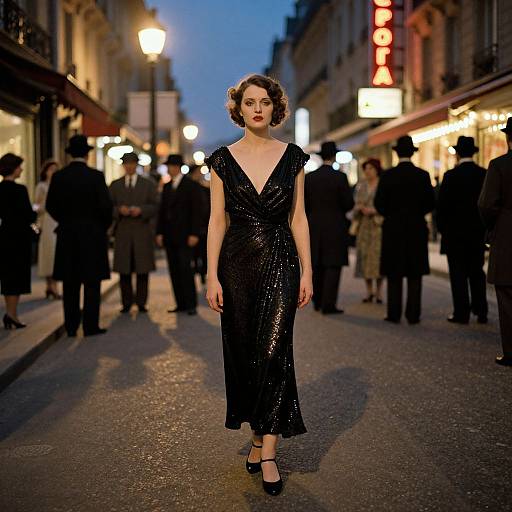 Photograph of a woman in a black sequined dress and black heels walking down a dimly lit, bustling street at dusk. People in dark clothing