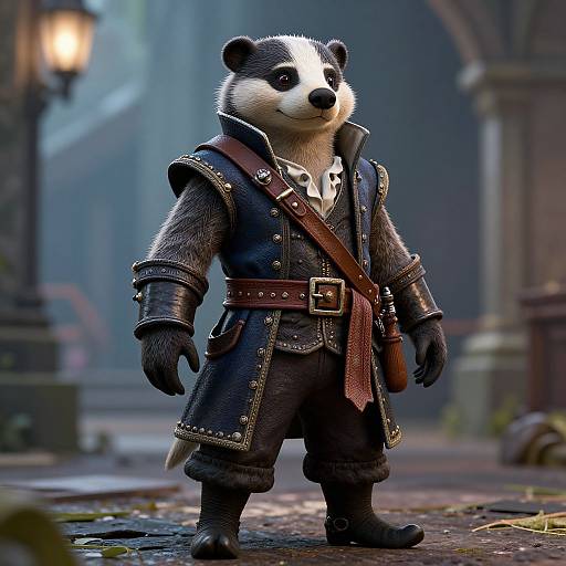 CGI image of an anthropomorphic black-and-white badger in medieval fantasy armor, standing on a cobblestone street at night.