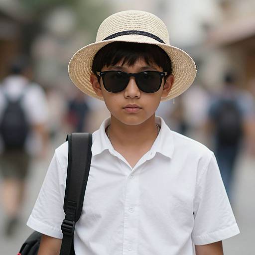 Photograph of an Asian boy wearing a straw hat, black sunglasses, white shirt, and black backpack, standing in a blurred urban street.