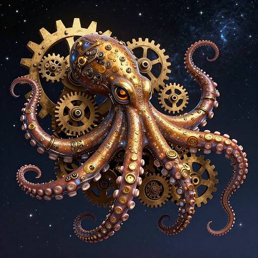 Digital artwork of a golden, gear-adorned octopus with glowing blue eyes floating in a starry, cosmic background. Mechanical, steampunk