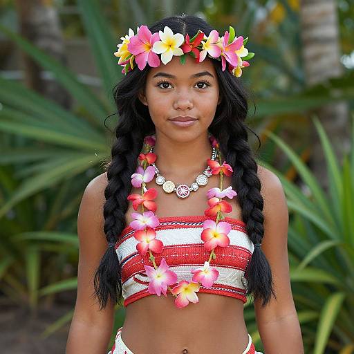 Photograph of a young woman with dark skin, black braided hair, wearing a red and white striped crop top, flower headband, necklace,