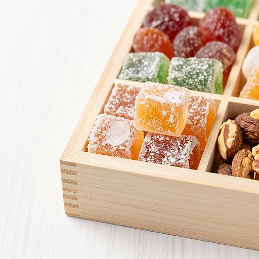 Photograph of a wooden tray with sugar-coated dried fruit cubes (orange, green, red) and walnuts, set against a bright white background