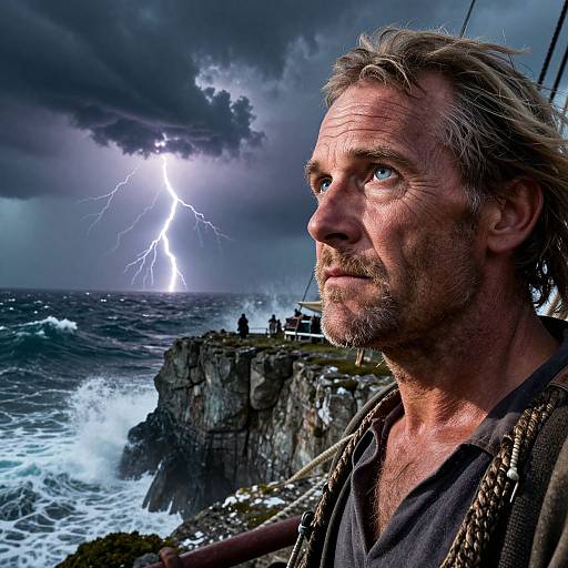 Photograph of a rugged, weathered man with disheveled hair, staring at a dramatic lightning bolt over stormy sea and rocky cliffs.