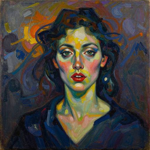 Digital painting of a woman with vibrant, abstract colors; dark hair, red lips, and intense expression, set against a swirling background.