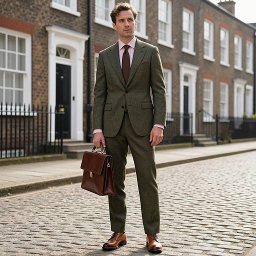 Photograph of a handsome man in a green pinstripe suit, brown tie, and brown leather briefcase, standing on a sunlit cobble