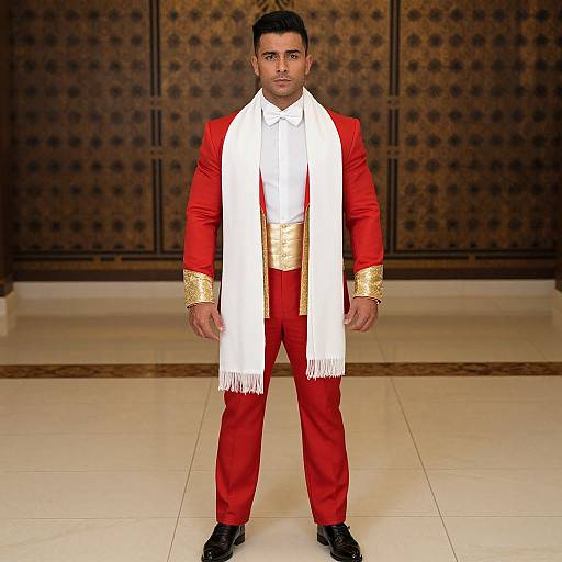 Photograph of a man with short black hair, medium build, wearing a red suit, white scarf, gold cuffs, and black shoes, standing in