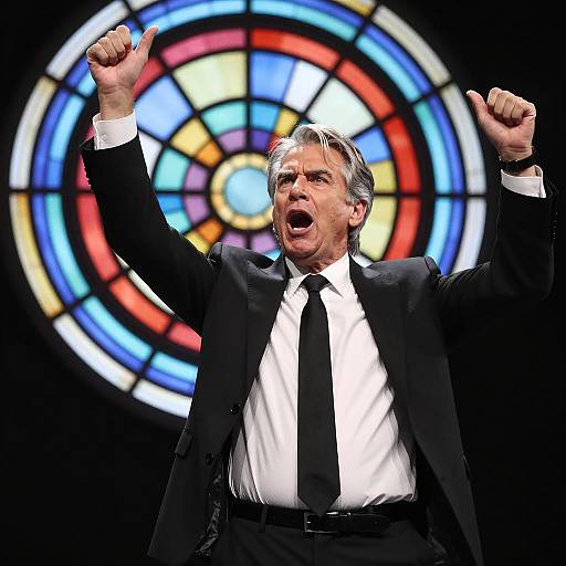 Man in Suit with Raised Arms and Stained Glass Background