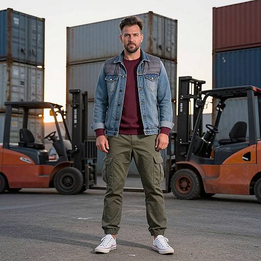 Photograph of a bearded man with short dark hair, wearing a denim jacket, maroon shirt, olive cargo pants, and white sneakers, standing