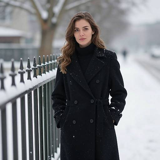 Photograph of a woman with wavy brown hair in a black coat, standing on a snowy street beside a black iron fence.