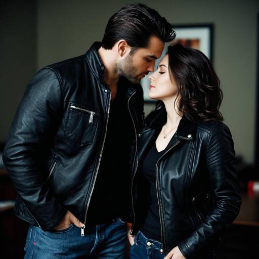 Couple Wearing Black Leather Jackets Intimate Pose