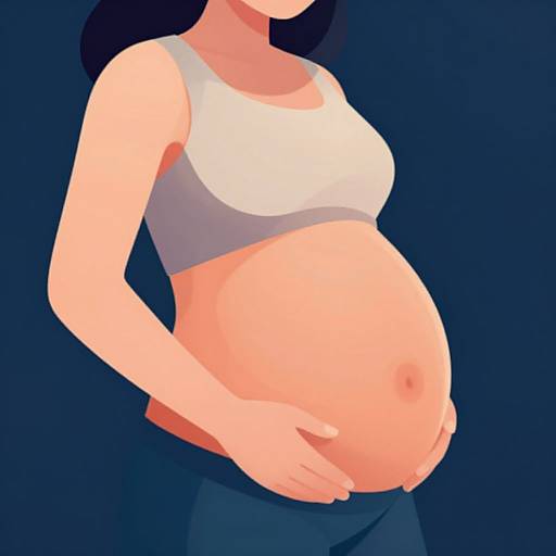 Digital illustration of a pregnant woman in a white sports bra, showing a prominent, round belly against a dark blue background.