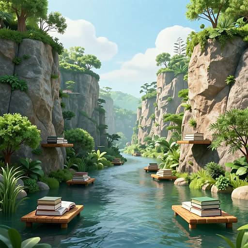 Serene 3D Landscape with Floating Books